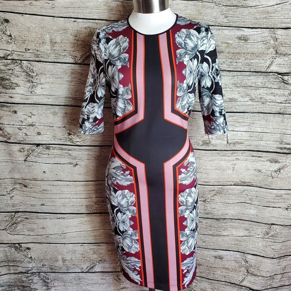 CLOVER CANYONBlack White Red Floral Stripe Bodycon Shift Dress Classic Sz M